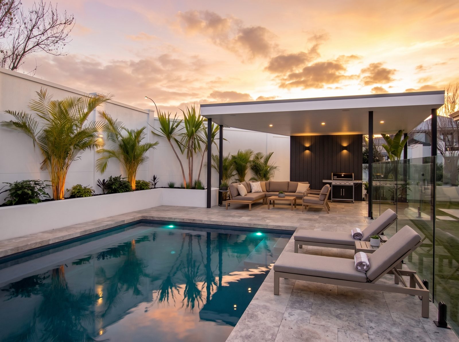 Pool deck after styling, furnished with chairs and BBQ at sunset